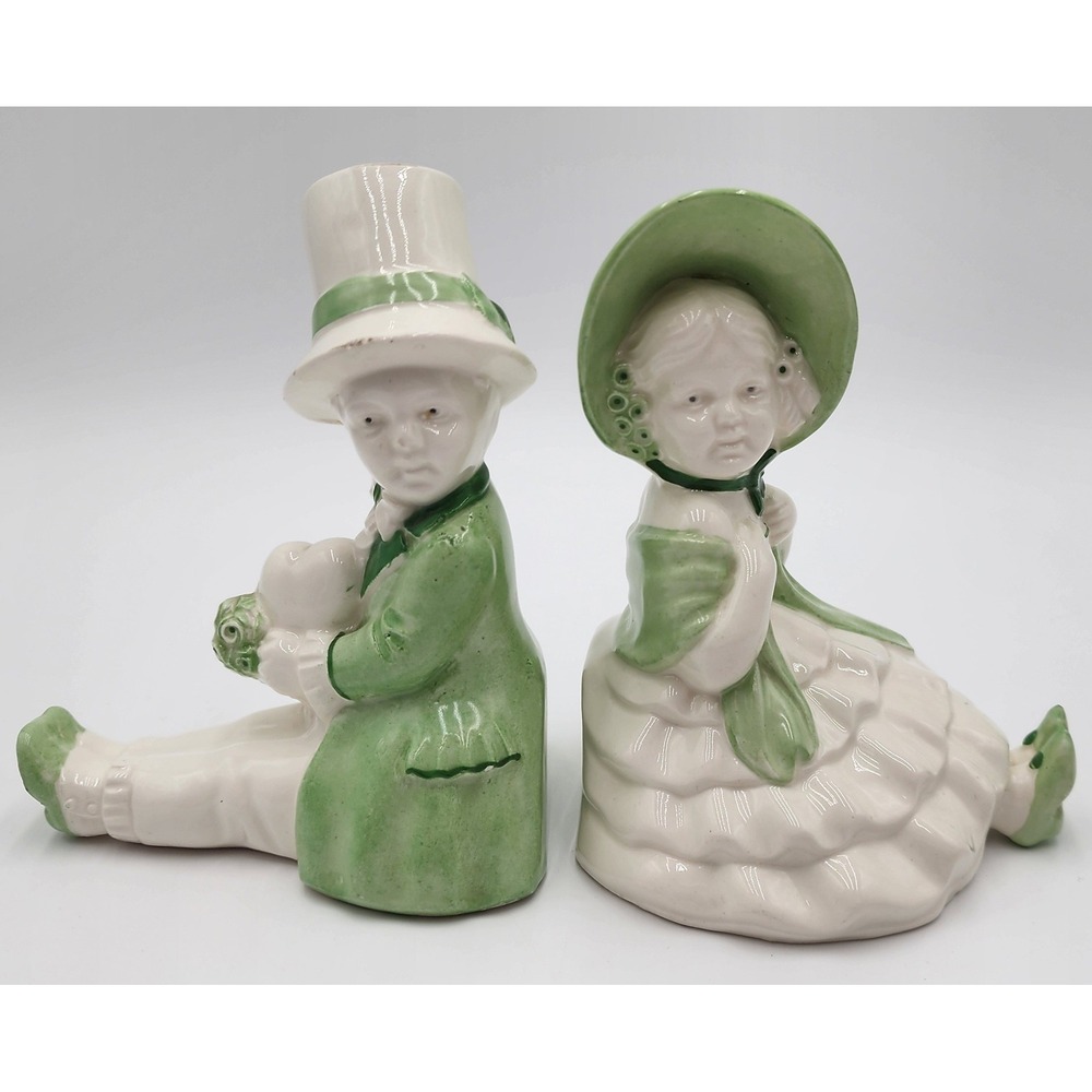 Erphila Czechoslovakia Vintage Boy and Girl Ceramic Bookends Green White 7973
